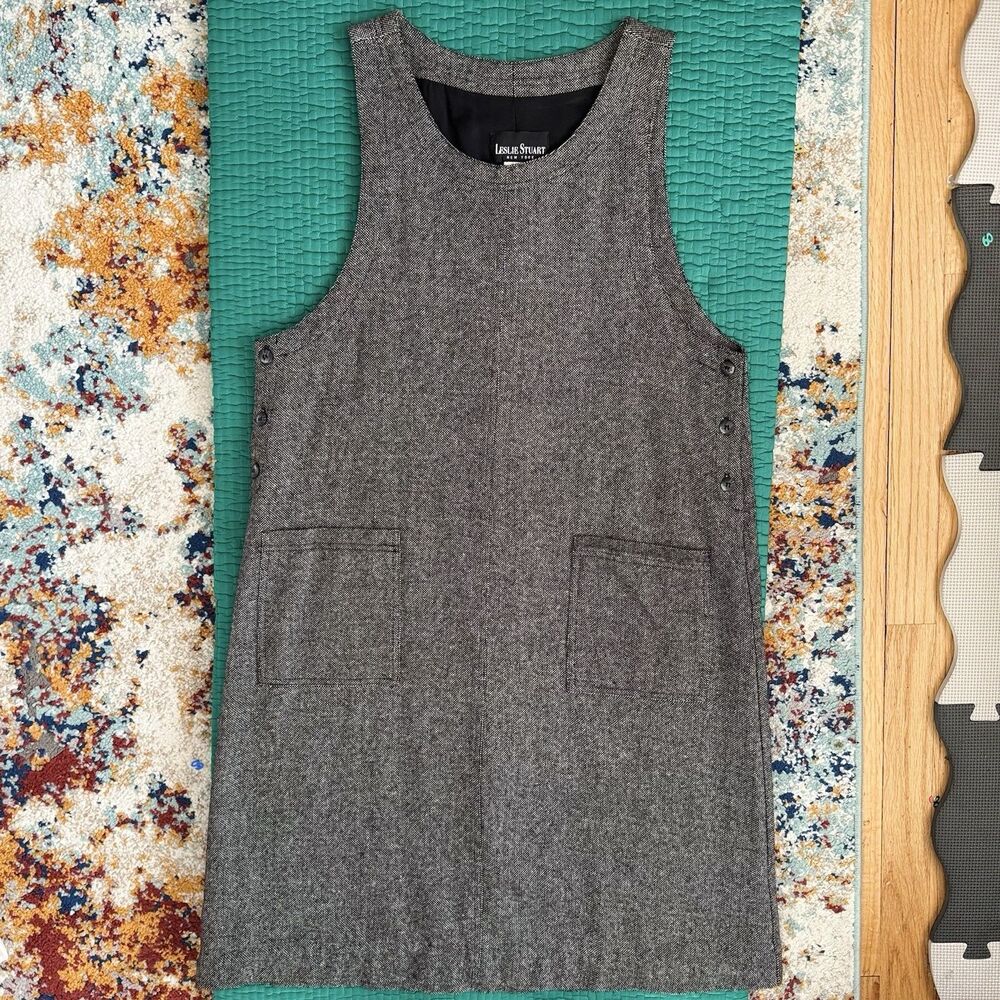 VTG Leslie Stuart NY Dress Sz 12 Petite Wool Tweed B&W Sleeveless A-Line Jumper